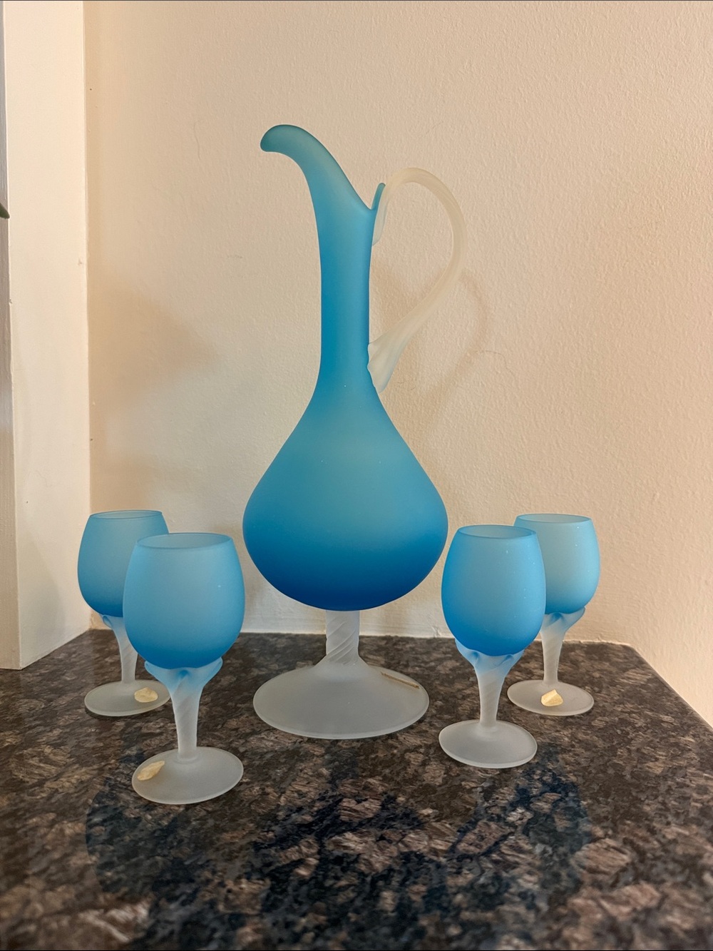 Italian Vintage Blue Frosted Glass Pitcher and 4 Cordial Glasses